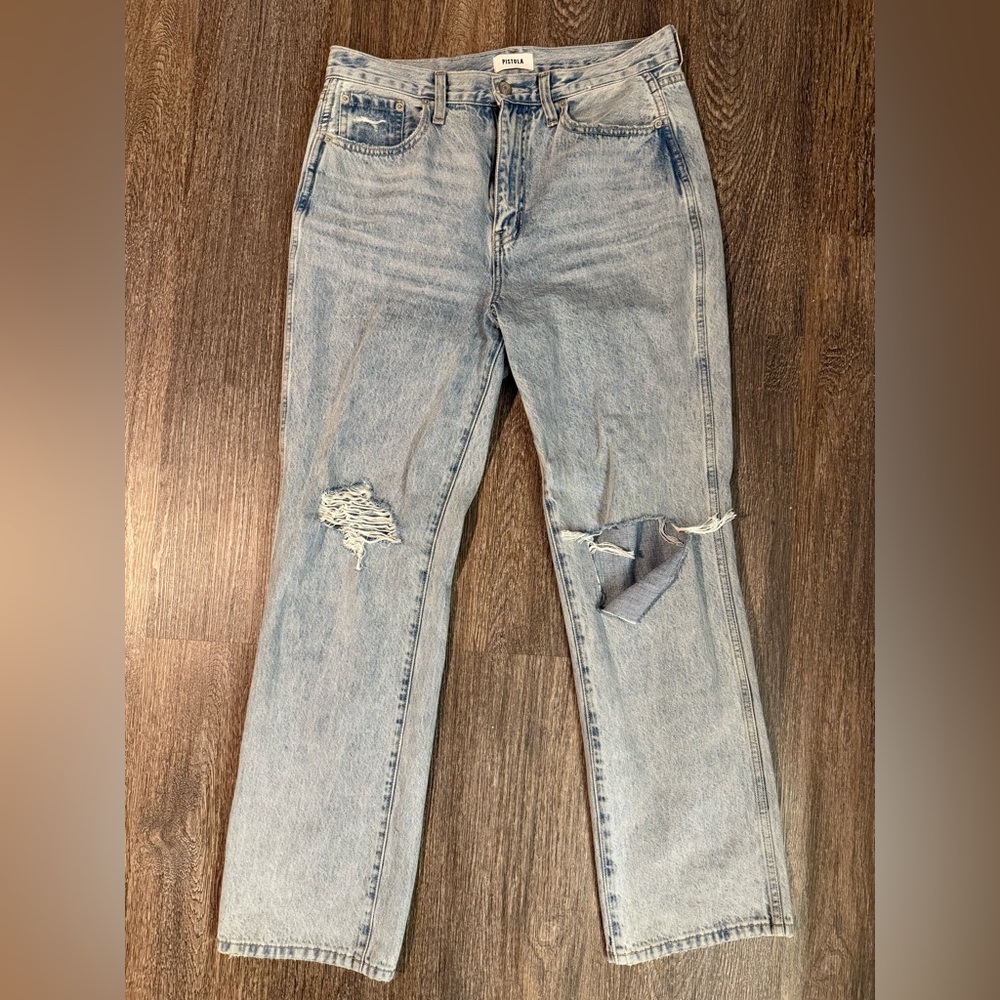 EUC High Waisted Distressed, Light wash Denim by Pistola. Size 30